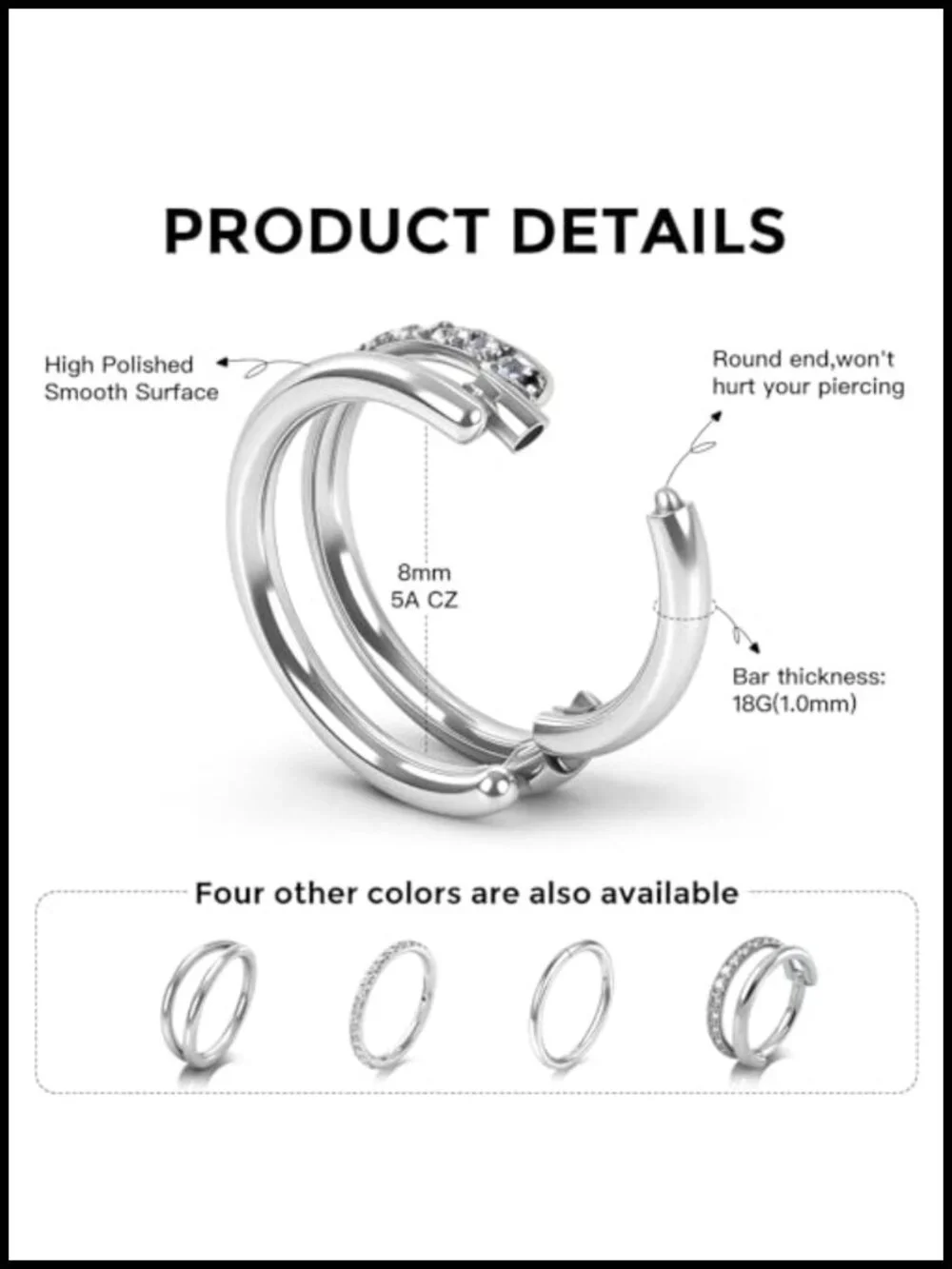 Titanium Nose Rings Hoops Set of 4 Hypoallergenic 18g Hinged Clicker